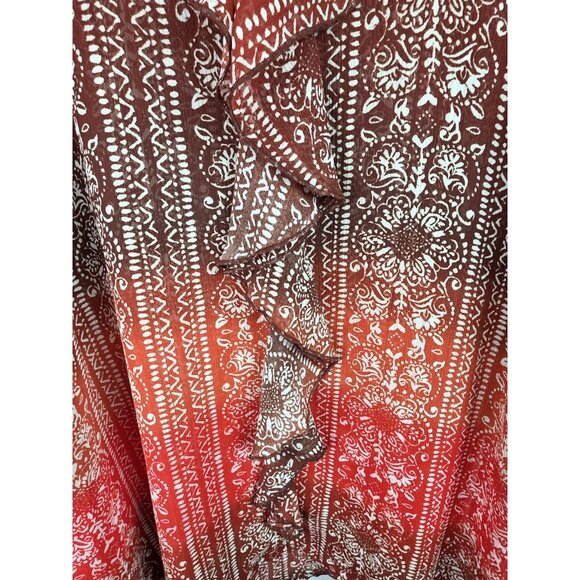 Catherines Women's Top Plus Size 3X Orange Sheer 3/4 Sleeve Ruffle Shirt Blouse - Picture 4 of 10